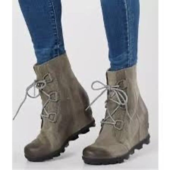 Sorel Joan Of Arctic Wedge II Mid Boots Womens 8.5 Quarry Leather Hidden Heels - Picture 1 of 12